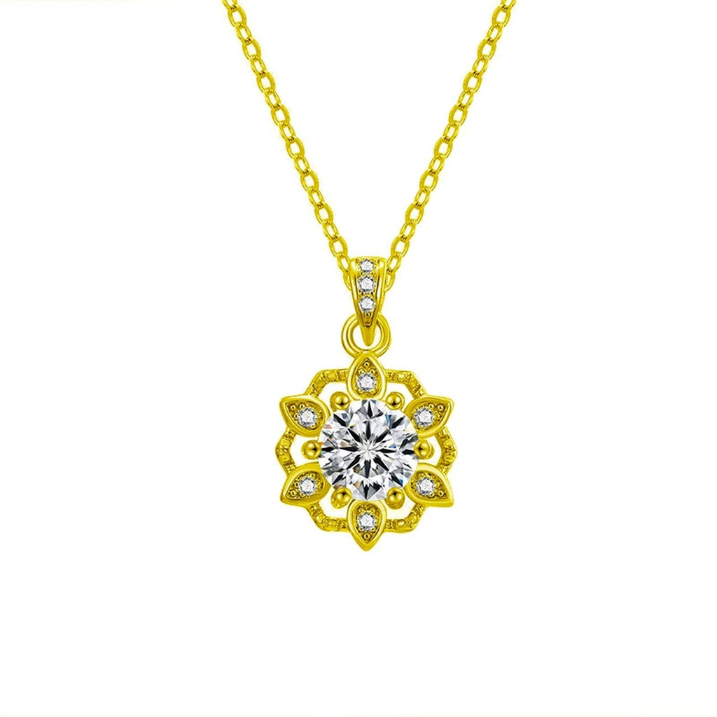Snowflake Halo Round Moissanite Necklace with CZ in Gold-Plated S925 sterling silver white background front product view showing snowflake halo centered with a round moissanite and marquise-shaped CZ details