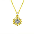 Snowflake Halo Round Moissanite Necklace with CZ in Gold-Plated S925 sterling silver white background front product view showing snowflake halo centered with a round moissanite and marquise-shaped CZ details