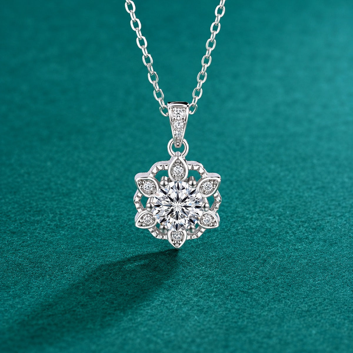 Snowflake Halo Round Moissanite Necklace with CZ in Gold-Plated S925 sterling silver close-up styled product scene showing pendant setting