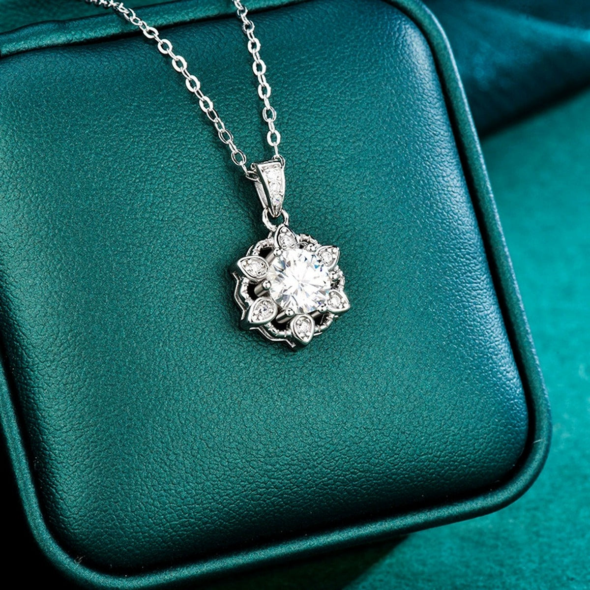 Snowflake Halo Round Moissanite Necklace with CZ in Gold-Plated S925 sterling silver display scene showing chain and stone layout