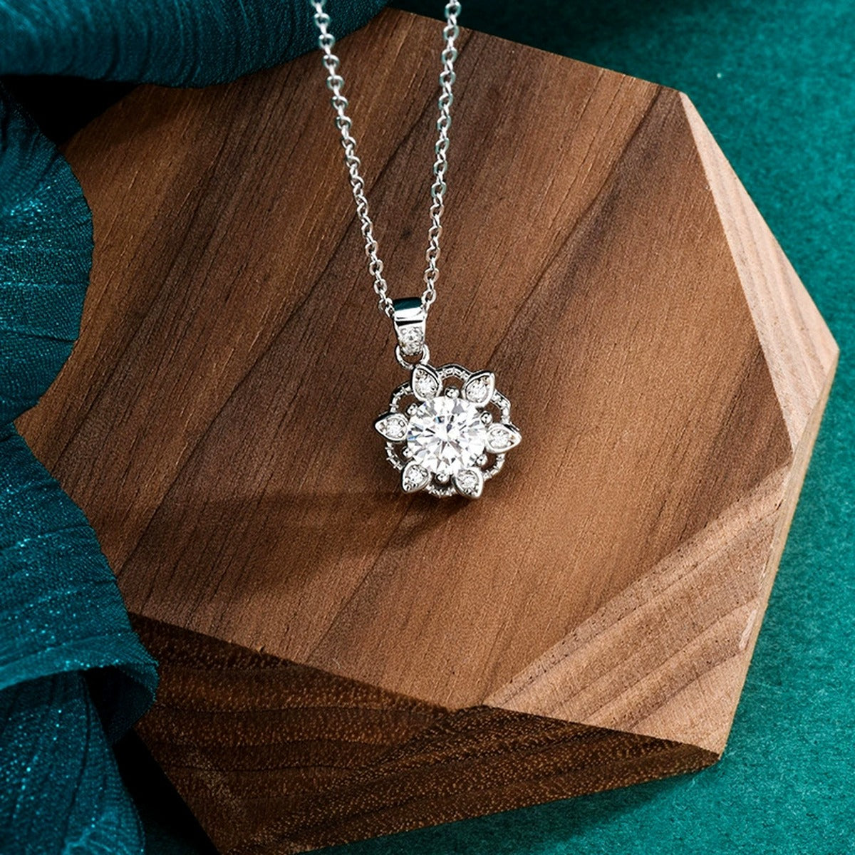 Snowflake Halo Round Moissanite Necklace with CZ in Gold-Plated S925 sterling silver angled product detail view