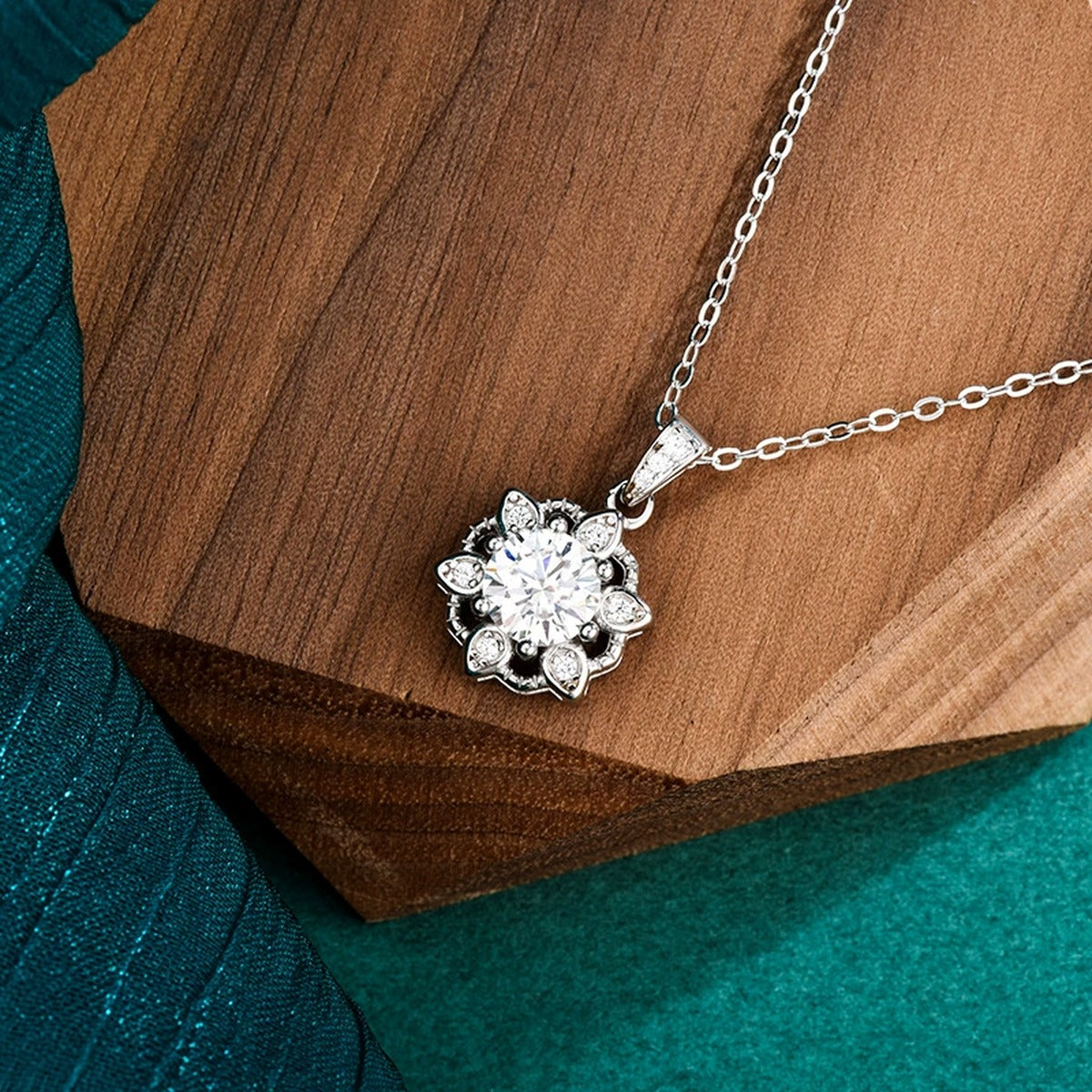 Snowflake Halo Round Moissanite Necklace with CZ in Gold-Plated S925 sterling silver additional product styling view