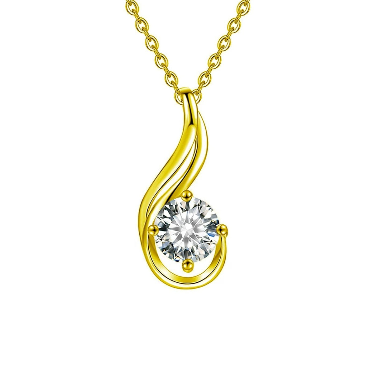 Flame Teardrop Round Moissanite Necklace in Gold-Plated S925 sterling silver white background front product view showing fluid flame-like teardrop curve embracing a round moissanite