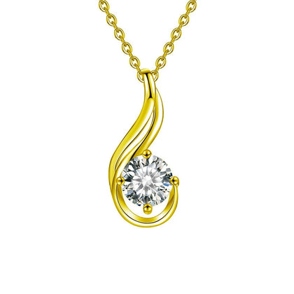 Flame Teardrop Round Moissanite Necklace in Gold-Plated S925 sterling silver white background front product view showing fluid flame-like teardrop curve embracing a round moissanite