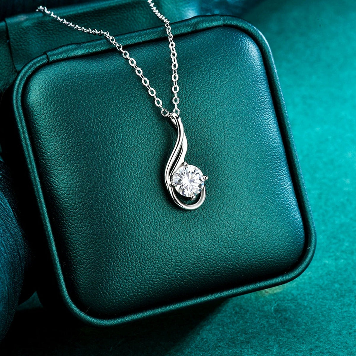 Flame Teardrop Round Moissanite Necklace in Gold-Plated S925 sterling silver display scene showing chain and stone layout