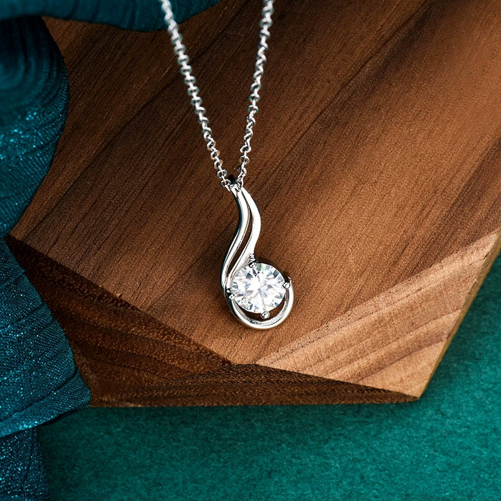 Flame Teardrop Round Moissanite Necklace in Gold-Plated S925 sterling silver angled product detail view