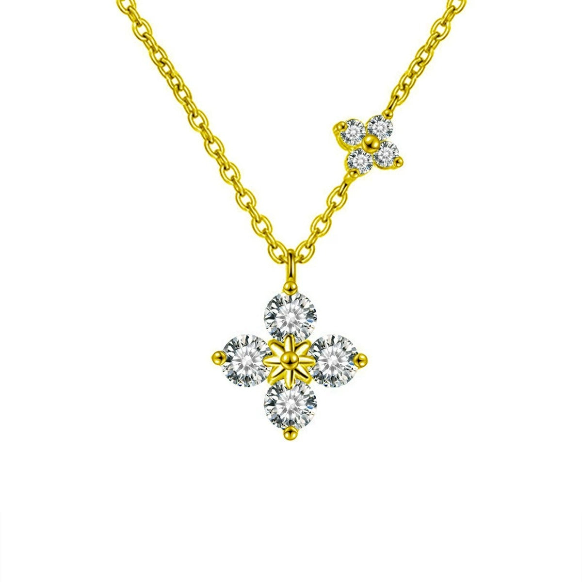 Four-Leaf Clover Round Moissanite Necklace in Gold-Plated S925 sterling silver white background front product view showing four-leaf clover formed by four round moissanite petals with a petite chain accent