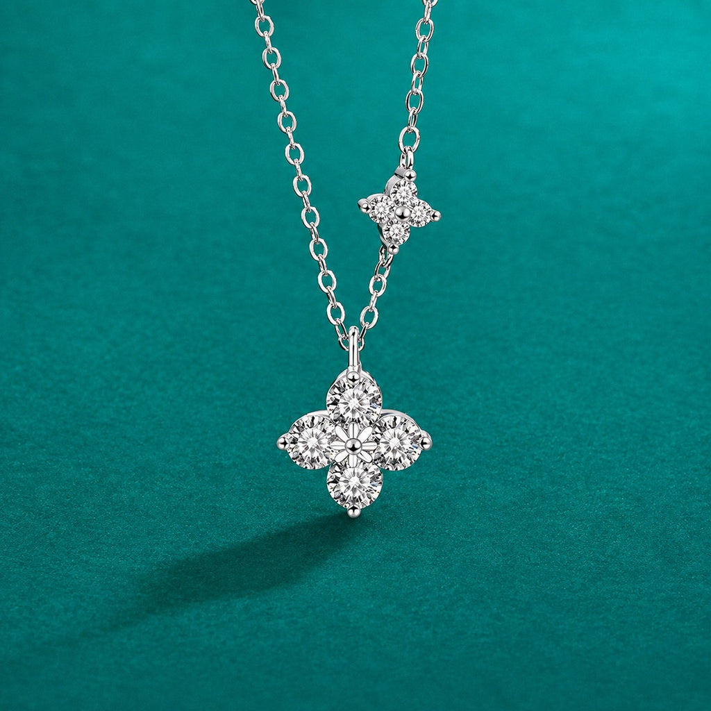 Four-Leaf Clover Round Moissanite Necklace in Gold-Plated S925 sterling silver close-up styled product scene showing pendant setting