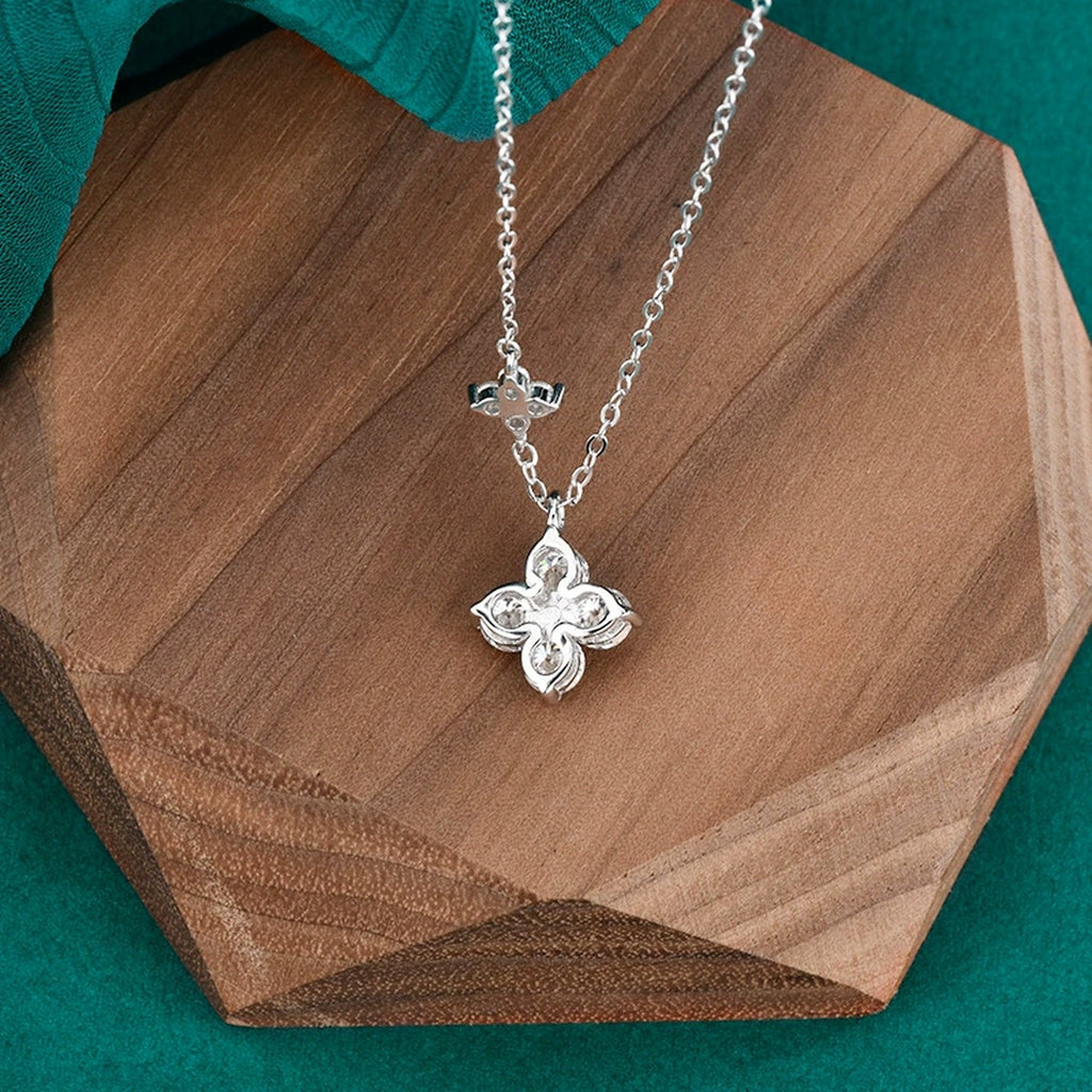 Four-Leaf Clover Round Moissanite Necklace in Gold-Plated S925 sterling silver angled product detail view