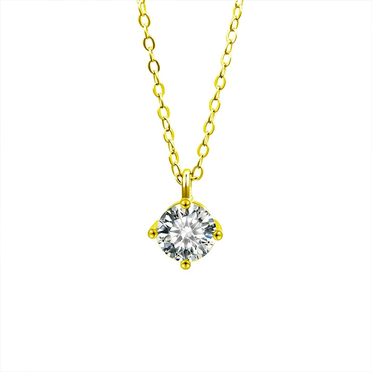 Four-Prong Round Moissanite Pendant Necklace in Gold-Plated S925 sterling silver white background front product view showing minimal round moissanite pendant secured in a four-prong setting
