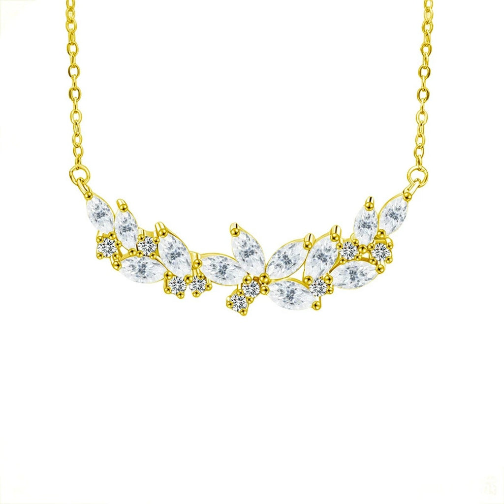 Vine Marquise and Round Moissanite Collar Necklace in Gold-Plated S925 sterling silver white background front product view showing sweeping vine collar set with marquise and round moissanite leaves