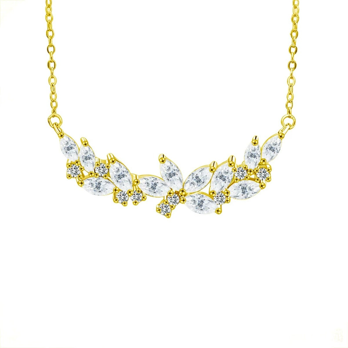 Vine Marquise and Round Moissanite Collar Necklace in Gold-Plated S925 sterling silver white background front product view showing sweeping vine collar set with marquise and round moissanite leaves