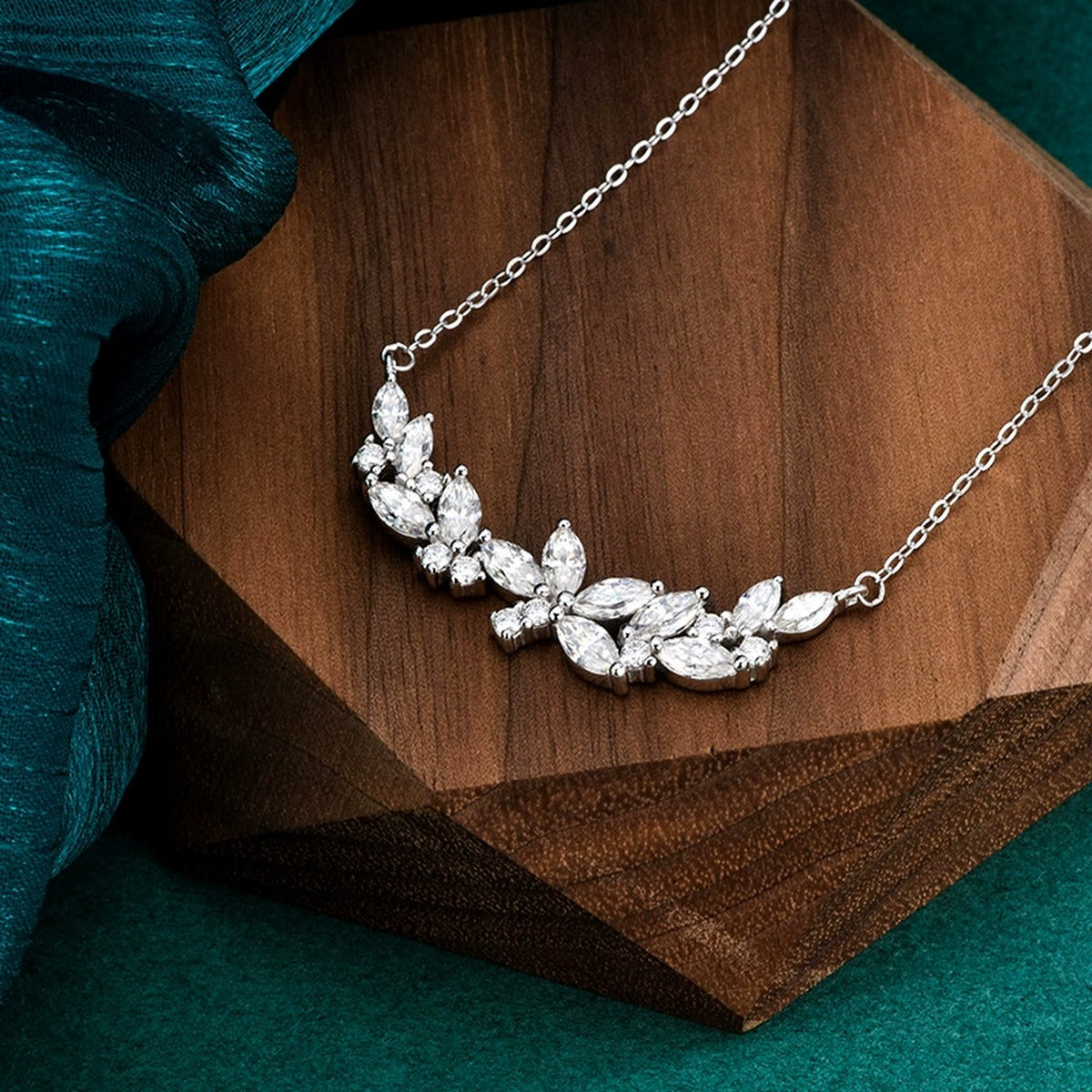 Vine Marquise and Round Moissanite Collar Necklace in Gold-Plated S925 sterling silver display scene showing chain and stone layout