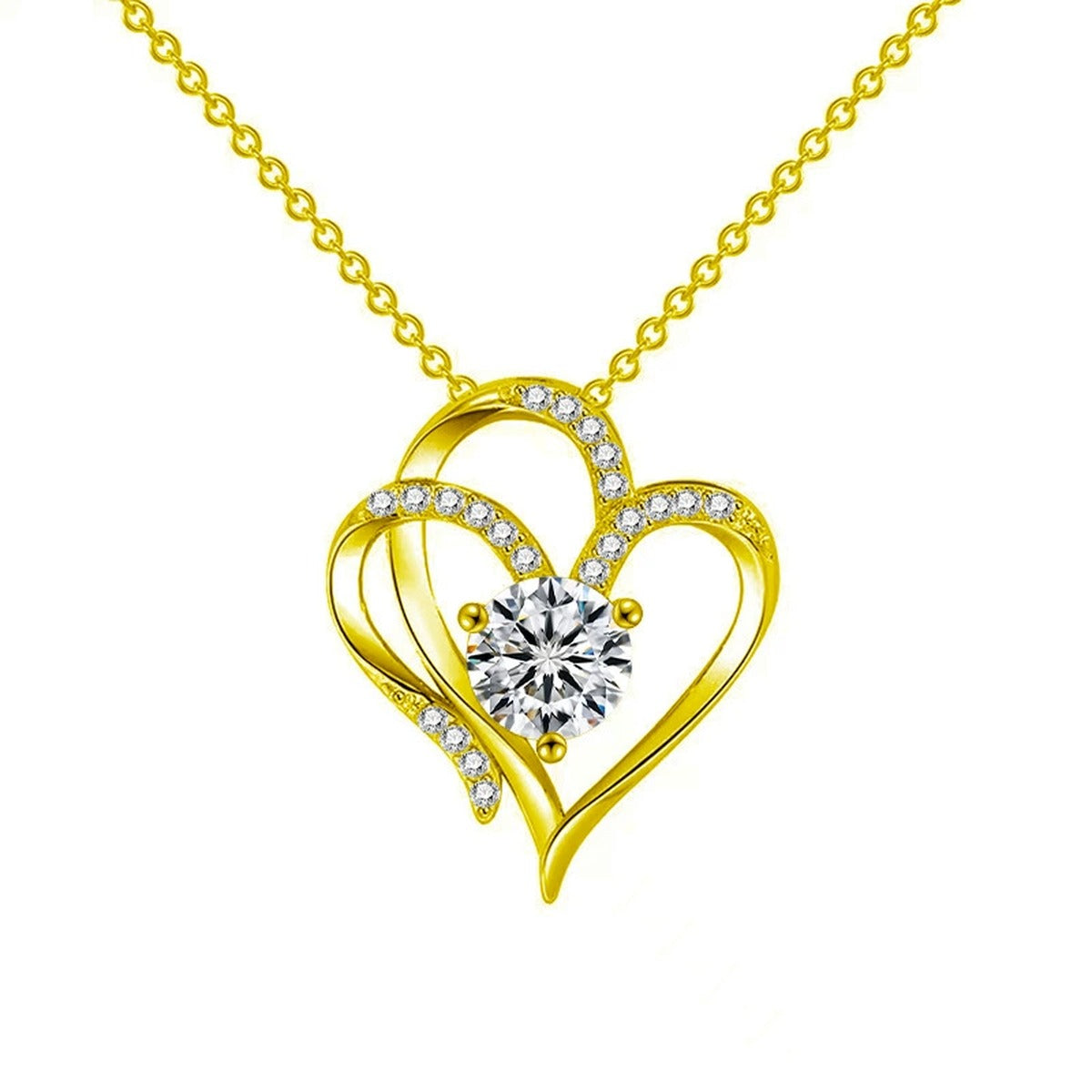 Double Heart Round Moissanite Necklace with CZ in Gold-Plated S925 sterling silver white background front product view showing interlaced double-heart pendant centered with a round moissanite