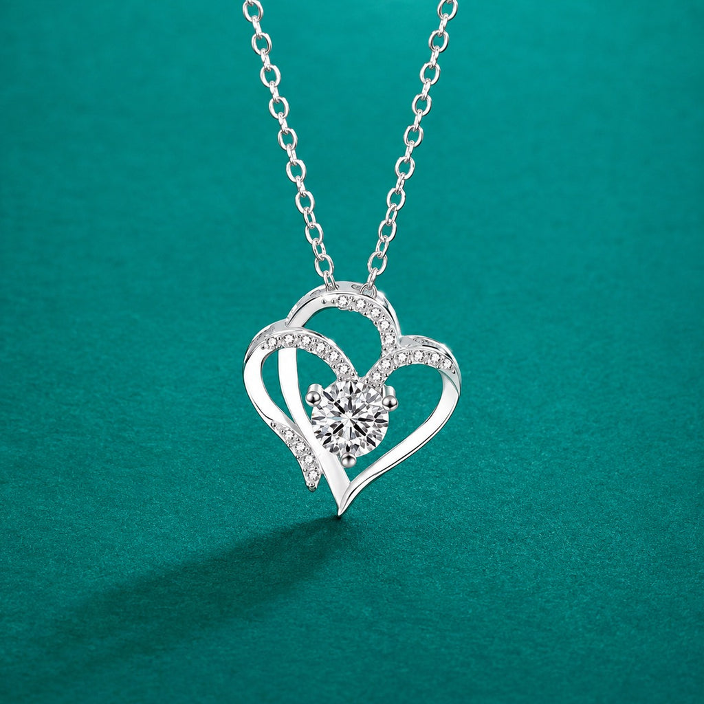 Double Heart Round Moissanite Necklace with CZ in Gold-Plated S925 sterling silver close-up styled product scene showing pendant setting