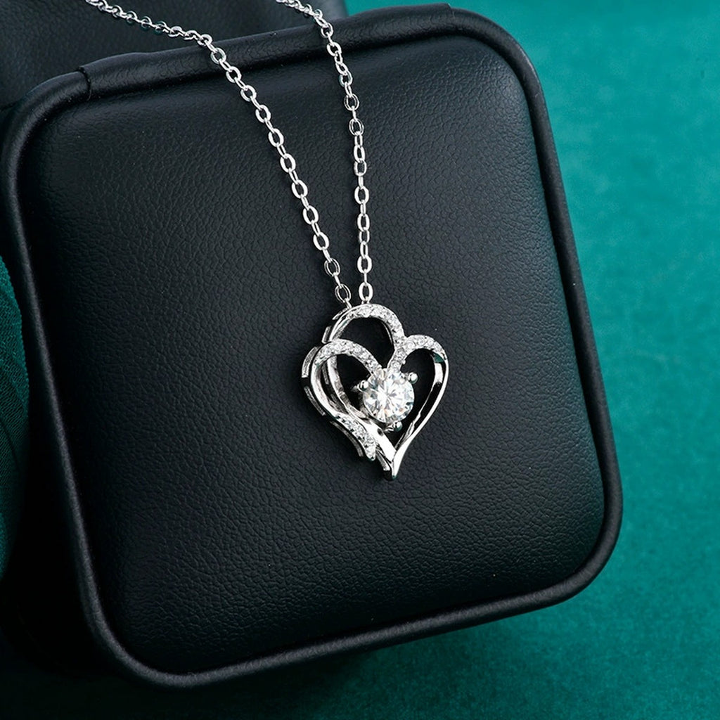 Double Heart Round Moissanite Necklace with CZ in Gold-Plated S925 sterling silver display scene showing chain and stone layout