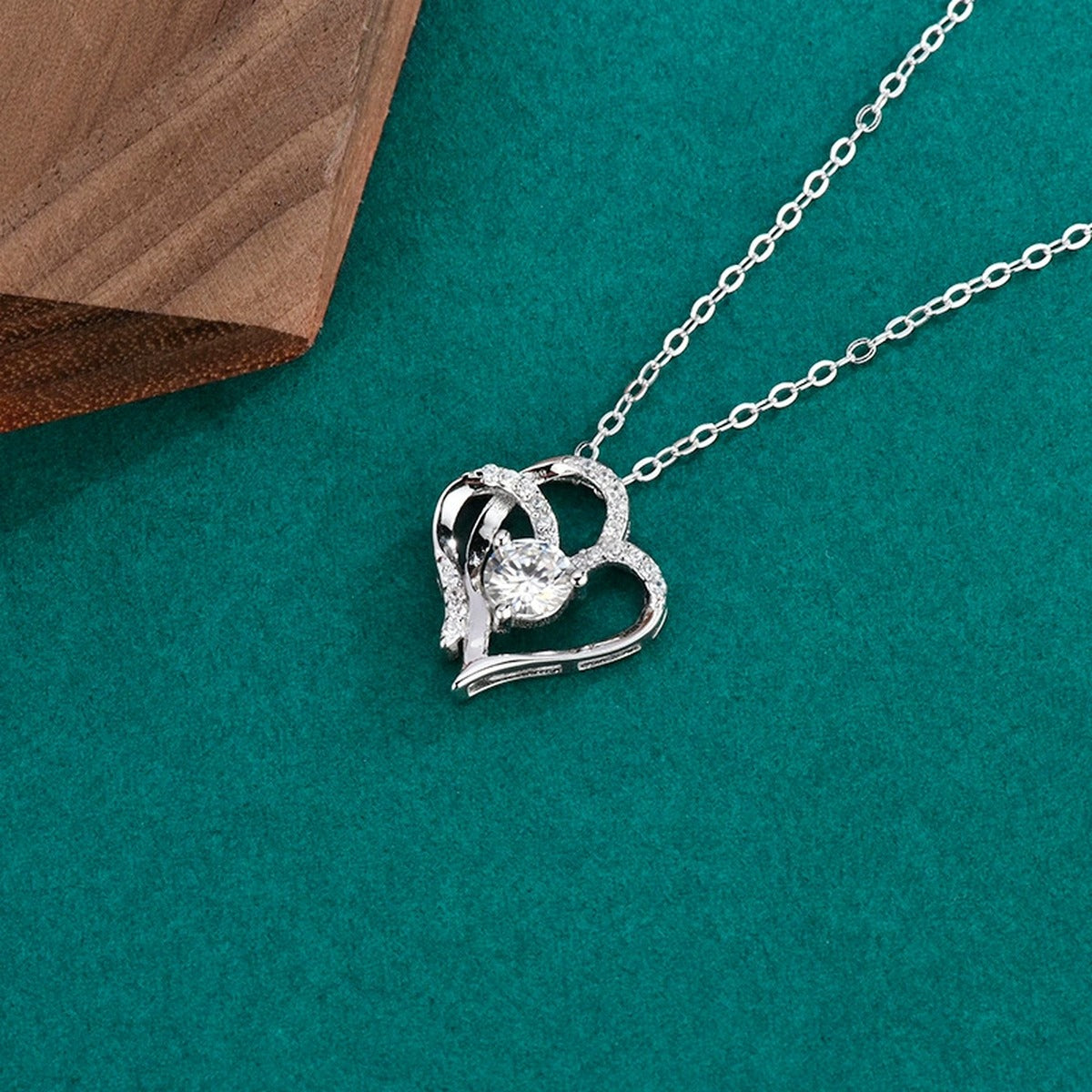Double Heart Round Moissanite Necklace with CZ in Gold-Plated S925 sterling silver angled product detail view