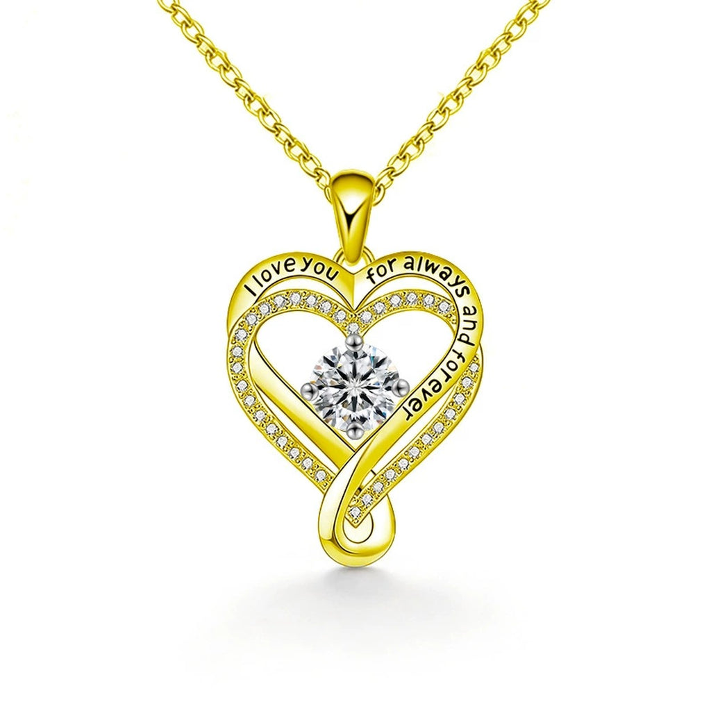 Forever Heart Round Moissanite Necklace with CZ in Gold-Plated S925 sterling silver white background front product view showing engraved forever heart pendant centered with a round moissanite and CZ