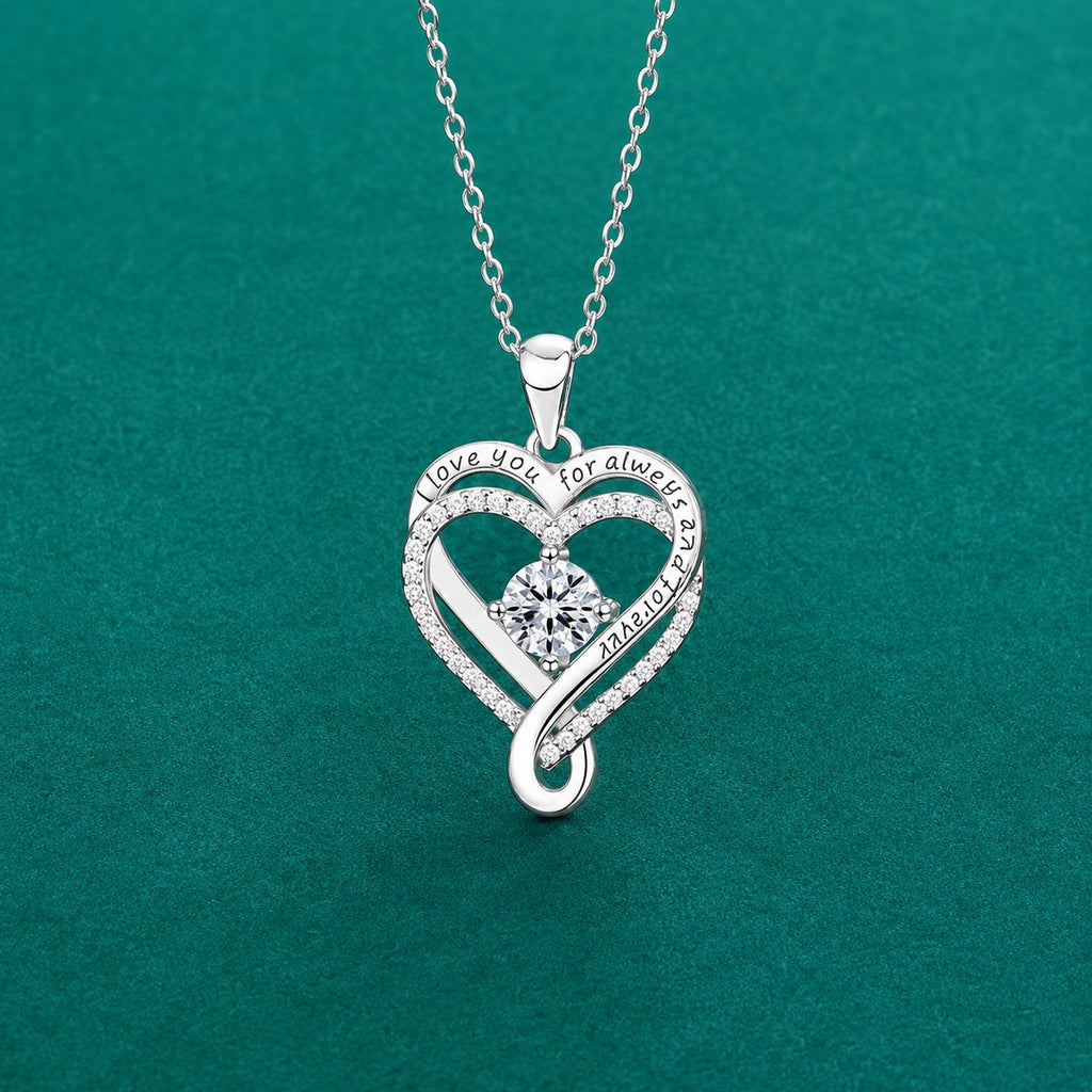 Forever Heart Round Moissanite Necklace with CZ in Gold-Plated S925 sterling silver close-up styled product scene showing pendant setting