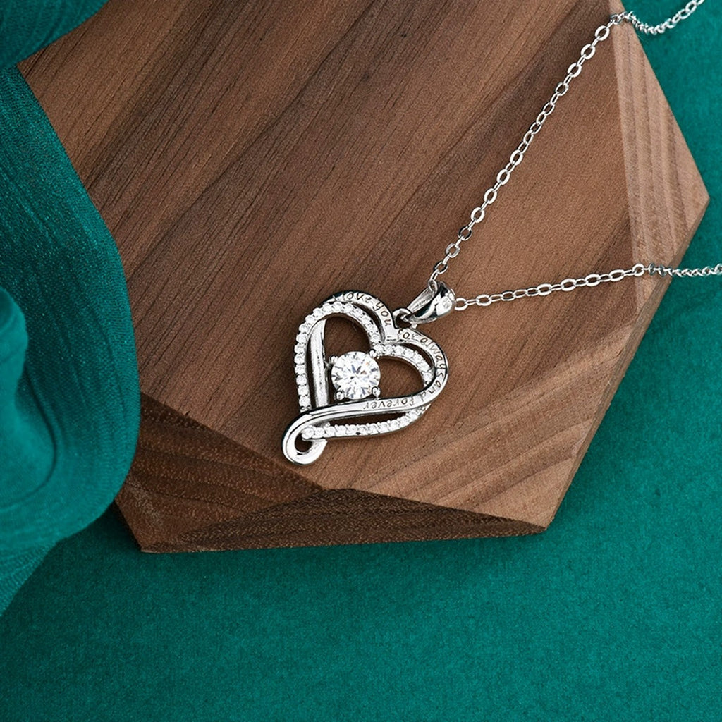 Forever Heart Round Moissanite Necklace with CZ in Gold-Plated S925 sterling silver display scene showing chain and stone layout