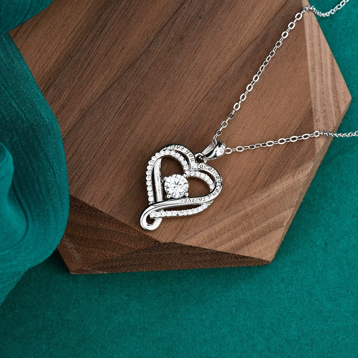 Forever Heart Round Moissanite Necklace with CZ in Gold-Plated S925 sterling silver display scene showing chain and stone layout