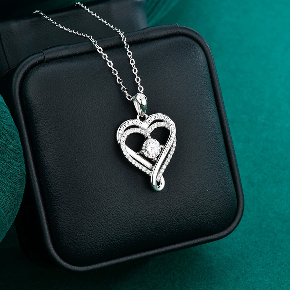 Forever Heart Round Moissanite Necklace with CZ in Gold-Plated S925 sterling silver angled product detail view