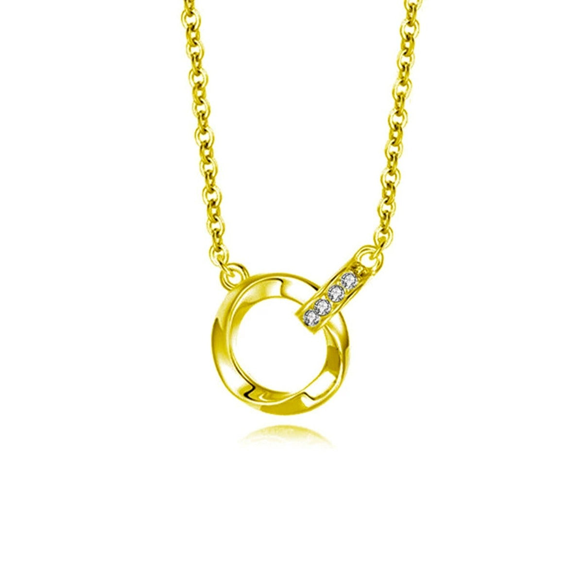 Interlocking Circle Pave Moissanite Necklace in Gold-Plated S925 sterling silver white background front product view showing interlocking polished circles joined by a pave moissanite loop