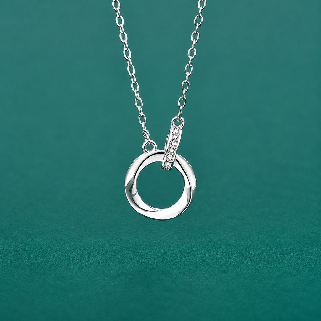 Interlocking Circle Pave Moissanite Necklace in Gold-Plated S925 sterling silver close-up styled product scene showing pendant setting