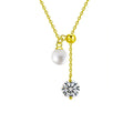Pearl Tassel Round Moissanite Necklace in Gold-Plated S925 sterling silver white background front product view showing adjustable tassel drop pairing a round moissanite with a near-round pearl