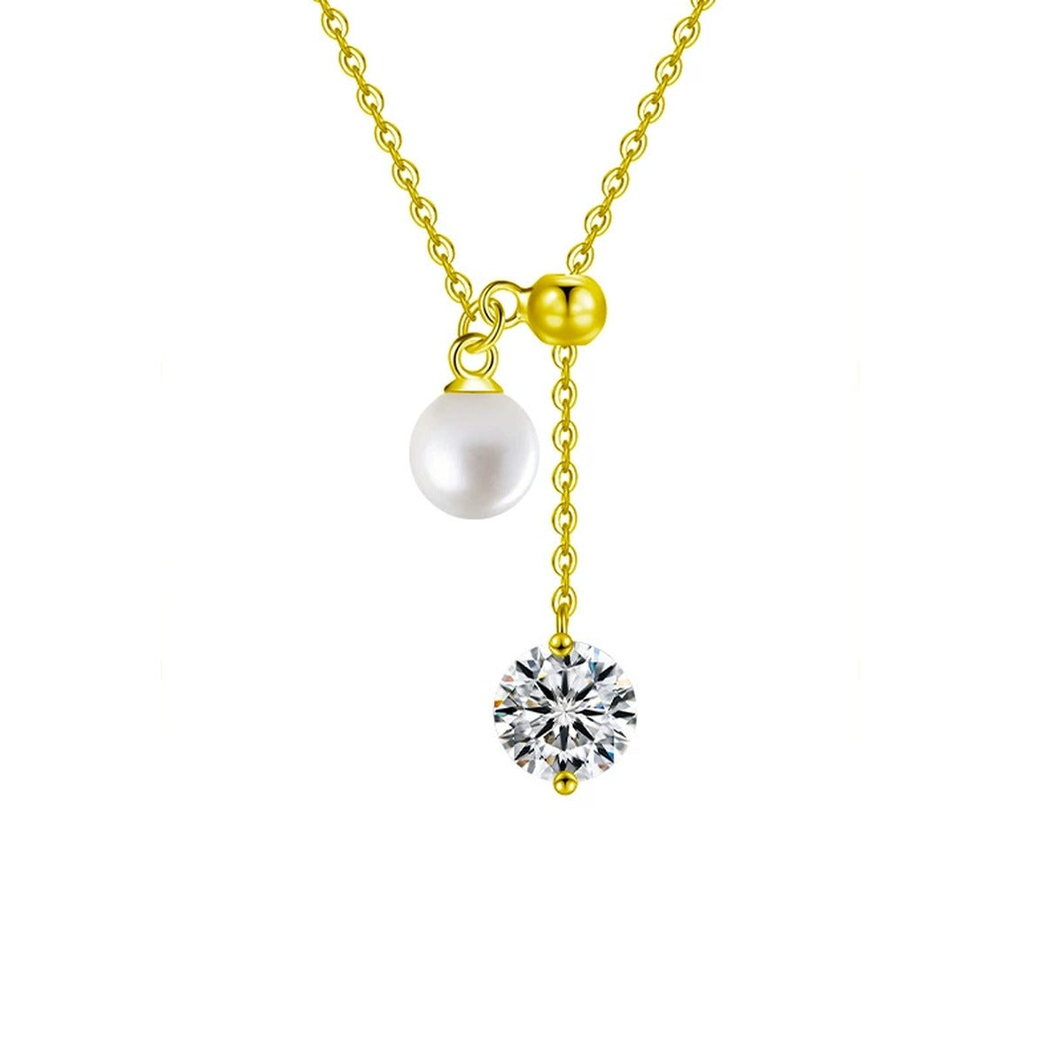 Pearl Tassel Round Moissanite Necklace in Gold-Plated S925 sterling silver white background front product view showing adjustable tassel drop pairing a round moissanite with a near-round pearl