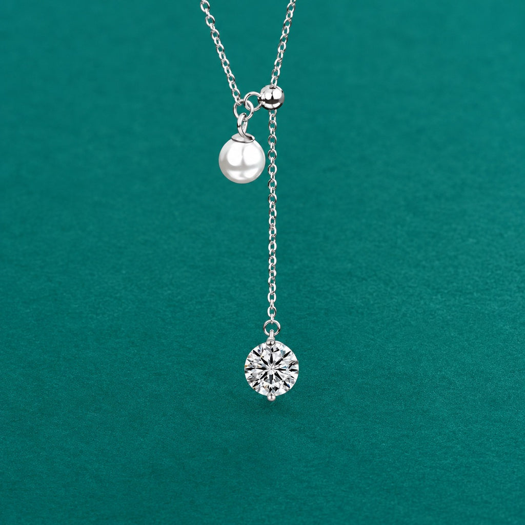 Pearl Tassel Round Moissanite Necklace in Gold-Plated S925 sterling silver close-up styled product scene showing pendant setting