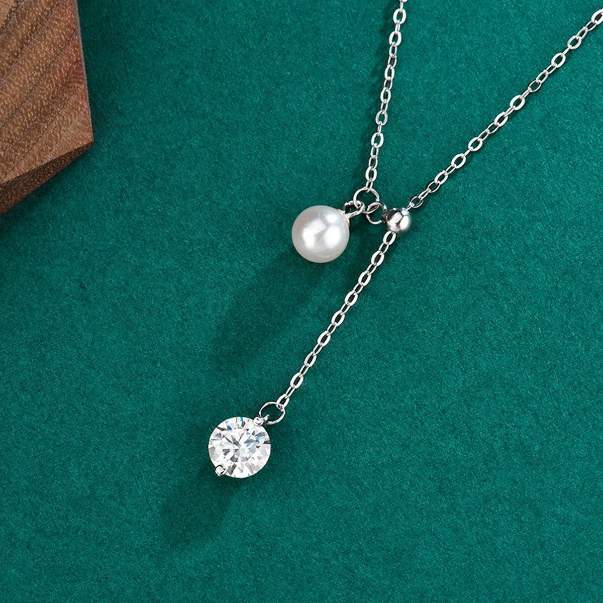 Pearl Tassel Round Moissanite Necklace in Gold-Plated S925 sterling silver angled product detail view