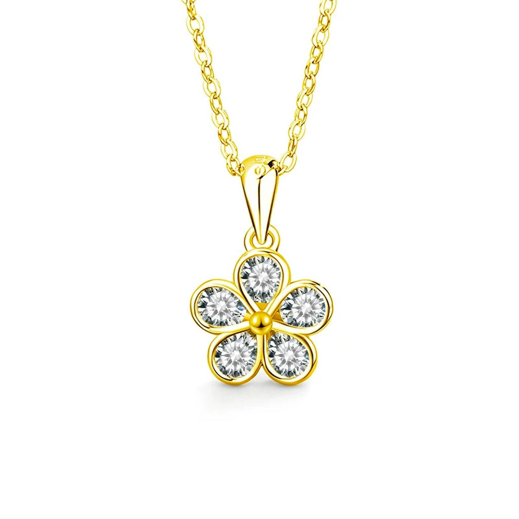Five-Petal Flower Round Moissanite Necklace in Gold-Plated S925 sterling silver white background front product view showing five-petal flower formed by bezel-framed round moissanite stones