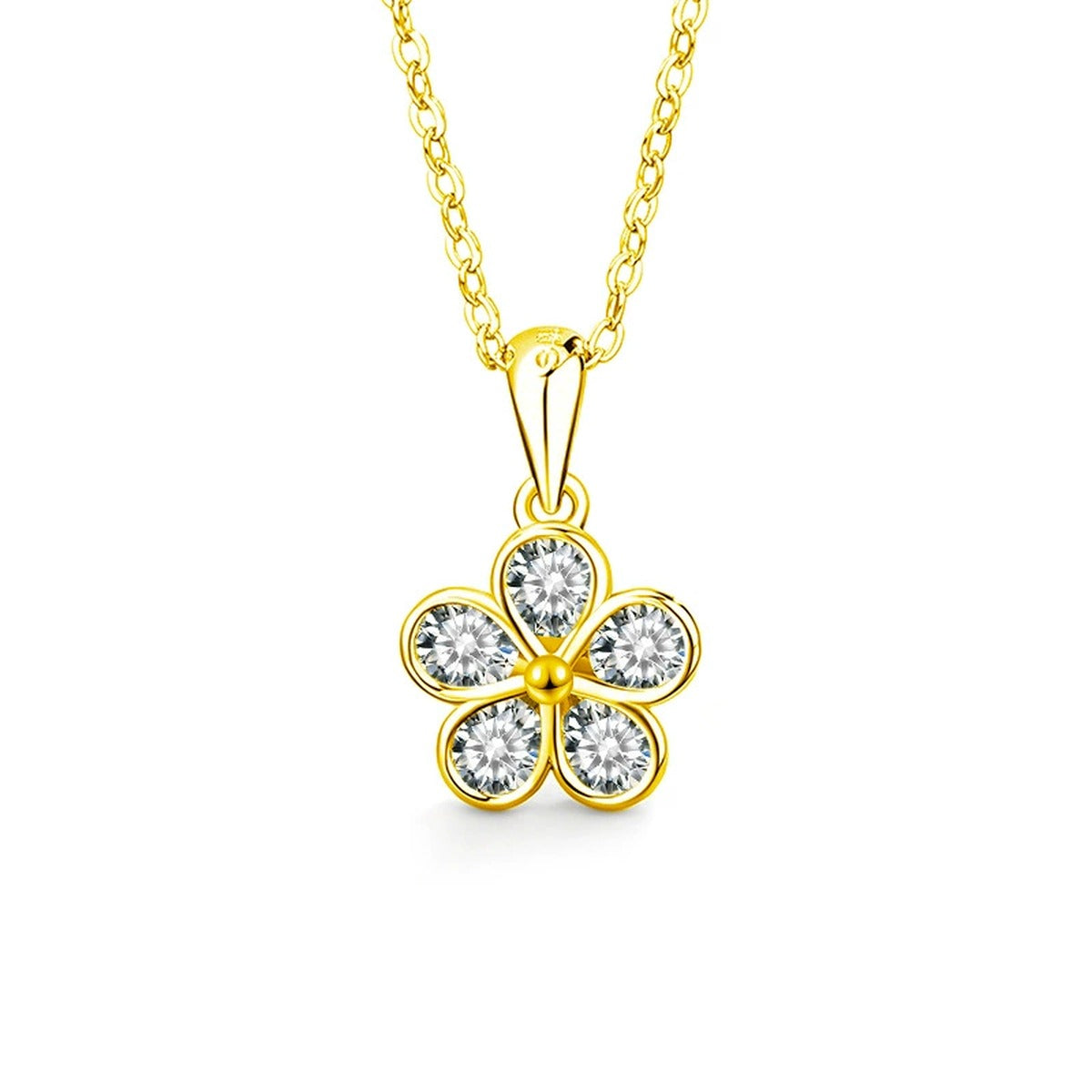 Five-Petal Flower Round Moissanite Necklace in Gold-Plated S925 sterling silver white background front product view showing five-petal flower formed by bezel-framed round moissanite stones