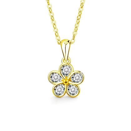 Five-Petal Flower Round Moissanite Necklace in Gold-Plated S925 sterling silver white background front product view showing five-petal flower formed by bezel-framed round moissanite stones