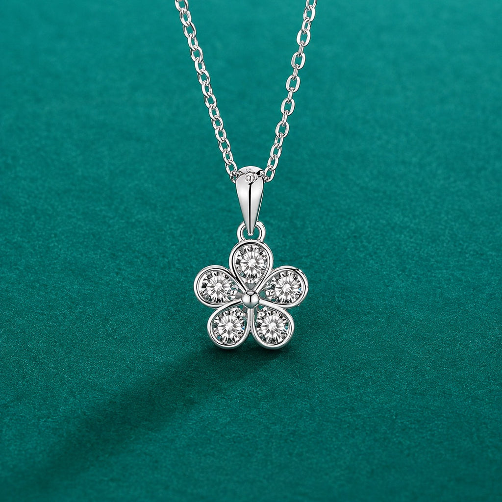 Five-Petal Flower Round Moissanite Necklace in Gold-Plated S925 sterling silver close-up styled product scene showing pendant setting
