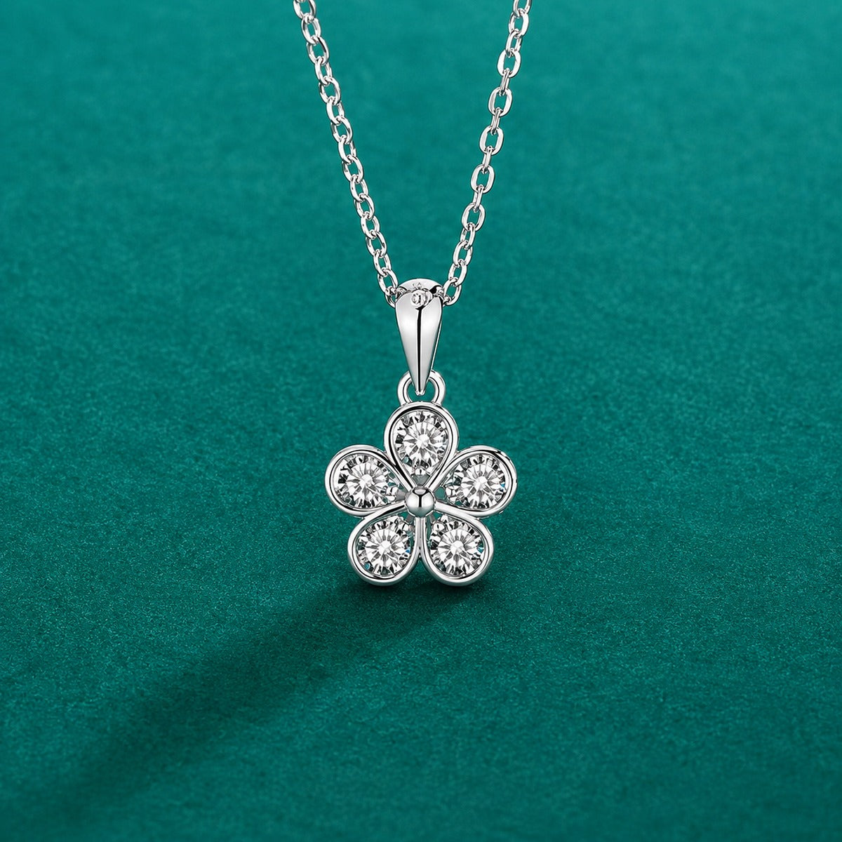 Five-Petal Flower Round Moissanite Necklace in Gold-Plated S925 sterling silver close-up styled product scene showing pendant setting