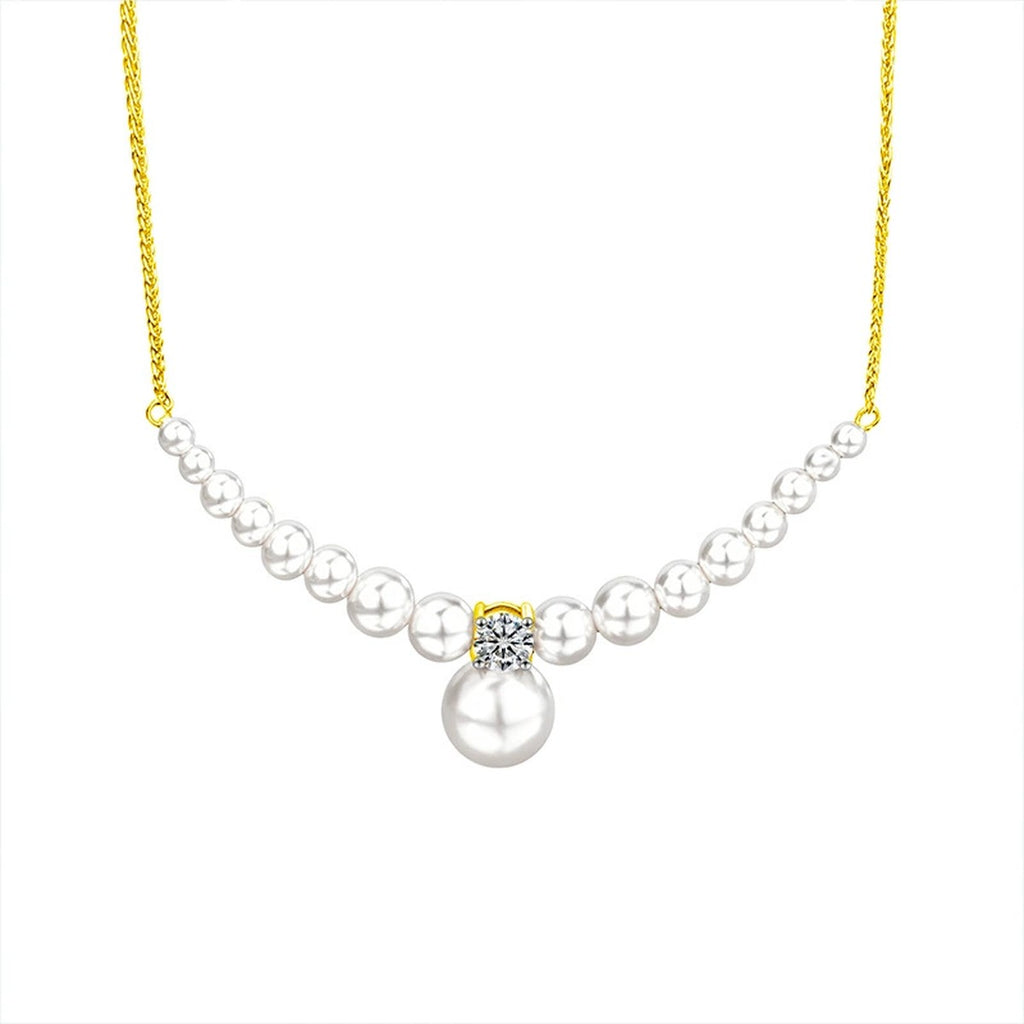 Graduated Pearl Round Moissanite Collar Necklace in Gold-Plated S925 sterling silver white background front product view showing graduated near-round pearl collar centered with a round moissanite and pearl drop
