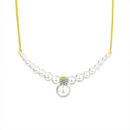 Graduated Pearl Round Moissanite Collar Necklace in Gold-Plated S925 sterling silver white background front product view showing graduated near-round pearl collar centered with a round moissanite and pearl drop
