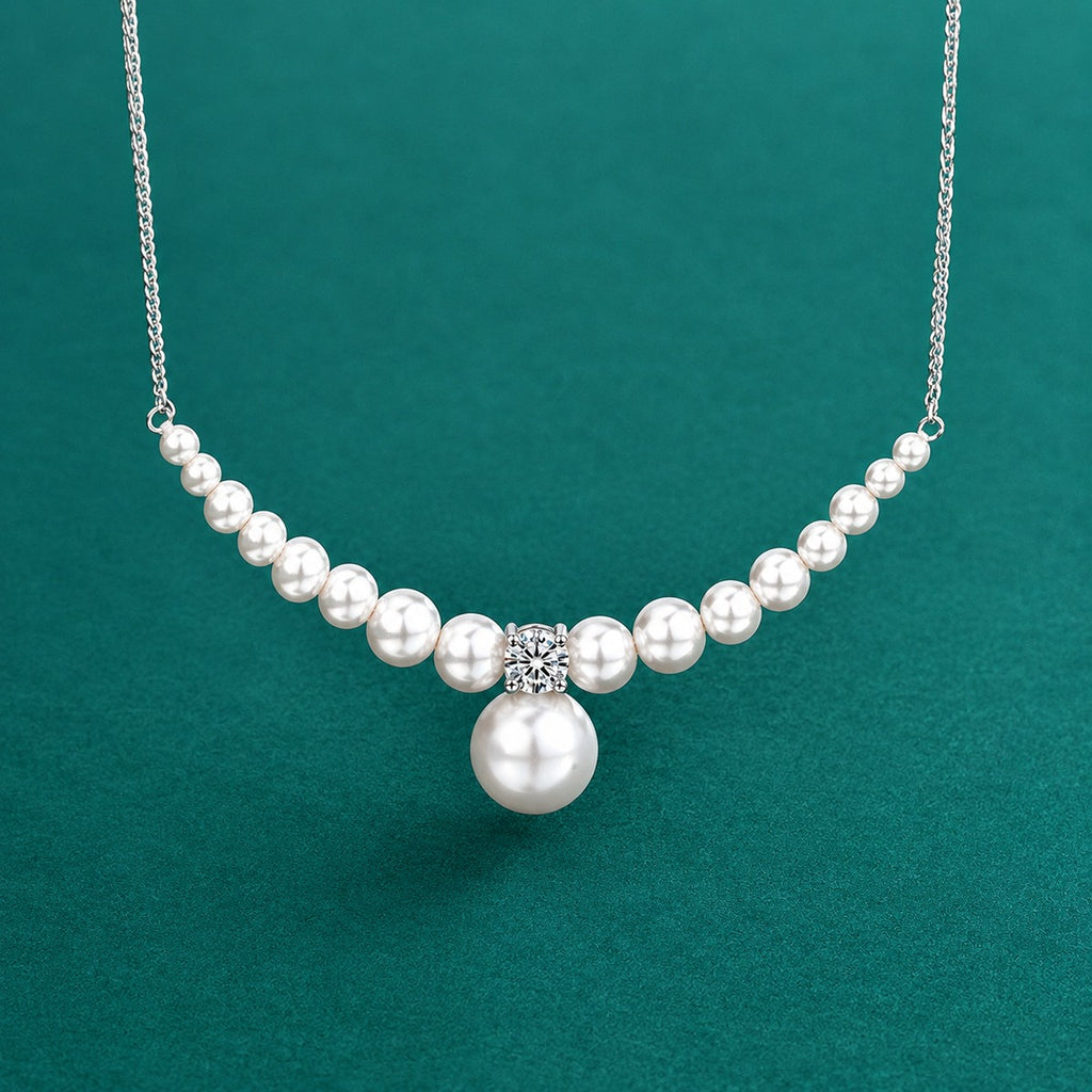 Graduated Pearl Round Moissanite Collar Necklace in Gold-Plated S925 sterling silver close-up styled product scene showing pendant setting