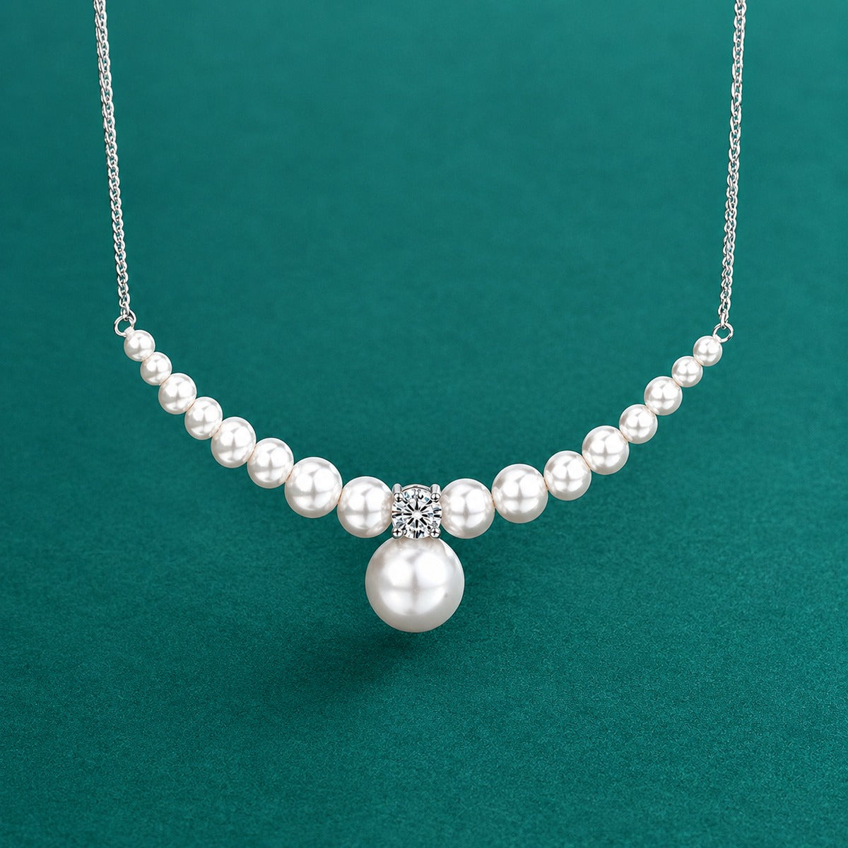 Graduated Pearl Round Moissanite Collar Necklace in Gold-Plated S925 sterling silver close-up styled product scene showing pendant setting