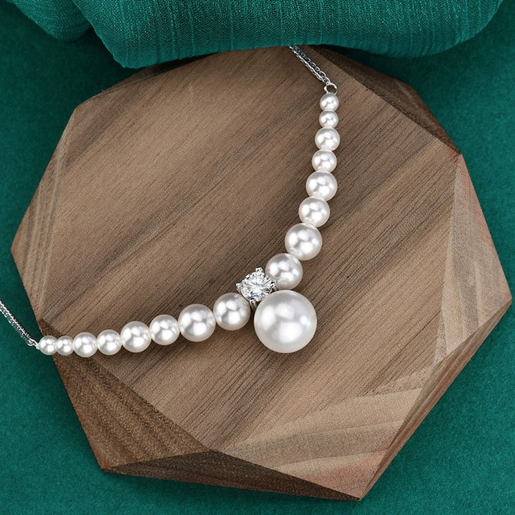 Graduated Pearl Round Moissanite Collar Necklace in Gold-Plated S925 sterling silver angled product detail view