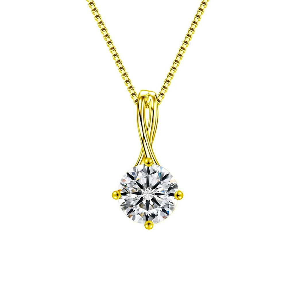 Infinity Bail Round Moissanite Solitaire Necklace in Gold-Plated S925 sterling silver white background front product view showing round moissanite solitaire suspended from a sculptural infinity bail