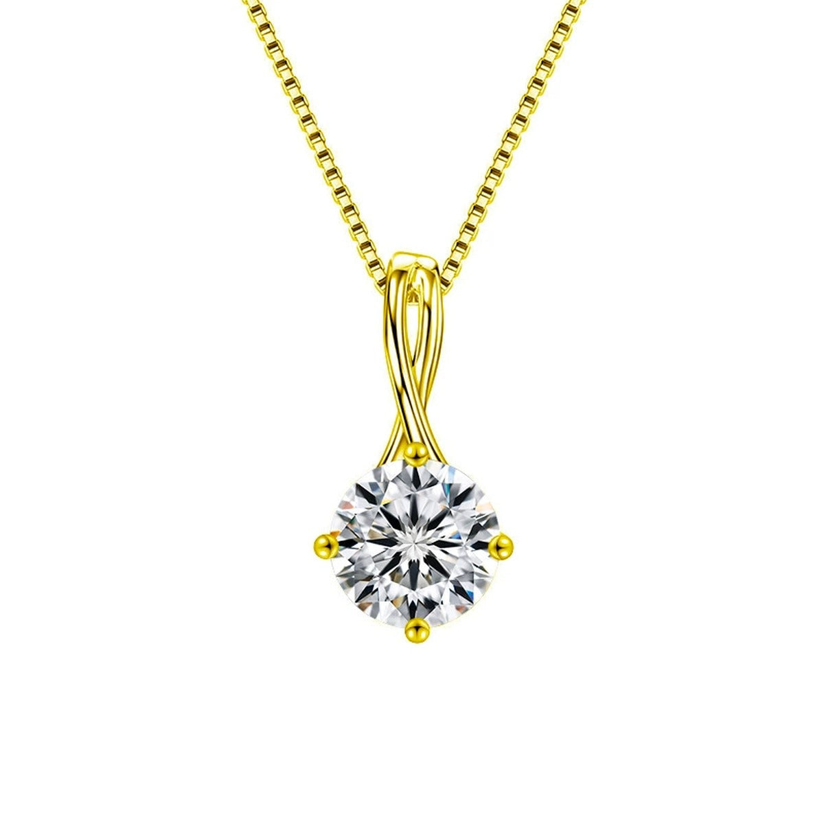 Infinity Bail Round Moissanite Solitaire Necklace in Gold-Plated S925 sterling silver white background front product view showing round moissanite solitaire suspended from a sculptural infinity bail