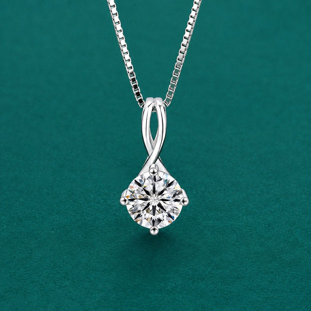 Infinity Bail Round Moissanite Solitaire Necklace in Gold-Plated S925 sterling silver close-up styled product scene showing pendant setting