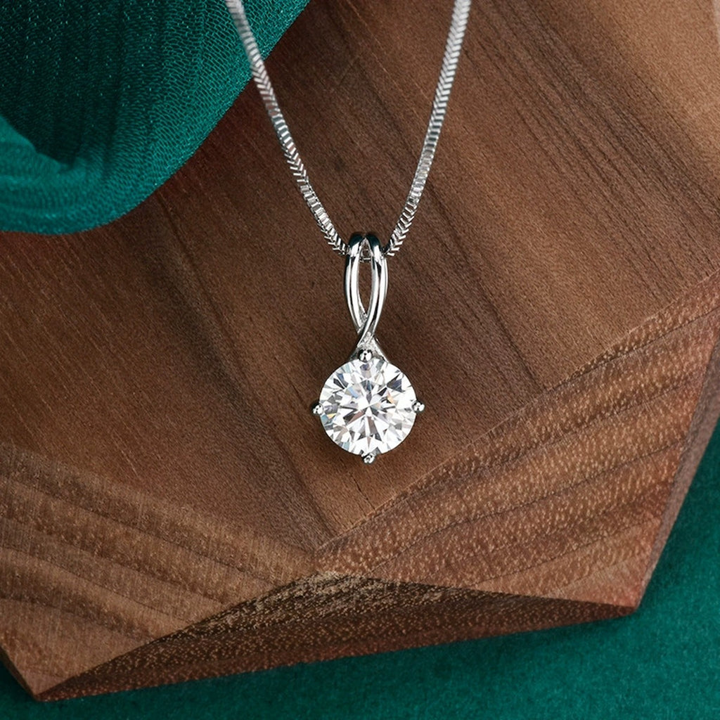 Infinity Bail Round Moissanite Solitaire Necklace in Gold-Plated S925 sterling silver display scene showing chain and stone layout