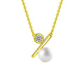 Bar Pearl Round Moissanite Necklace in Gold-Plated S925 sterling silver white background front product view showing minimal polished bar balancing a round moissanite and button pearl