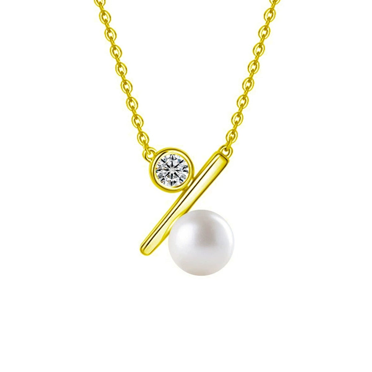 Bar Pearl Round Moissanite Necklace in Gold-Plated S925 sterling silver white background front product view showing minimal polished bar balancing a round moissanite and button pearl