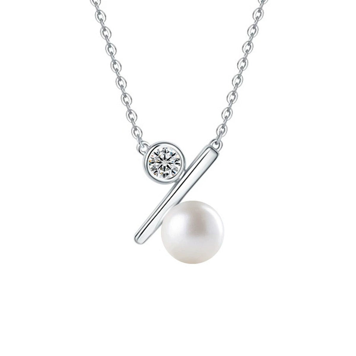 Bar Pearl Round Moissanite Necklace in Gold-Plated S925 sterling silver alternate metal color white background product view showing minimal polished bar balancing a round moissanite and button pearl