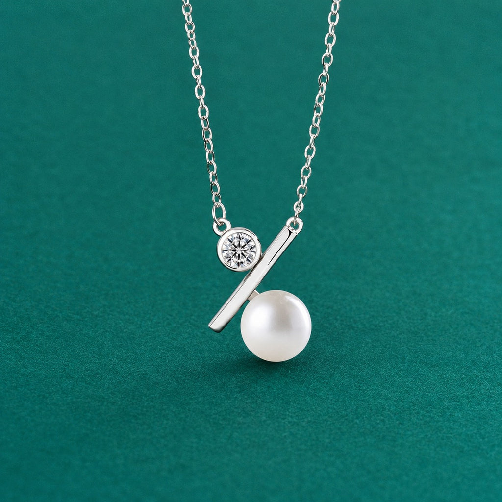 Bar Pearl Round Moissanite Necklace in Gold-Plated S925 sterling silver close-up styled product scene showing pendant setting